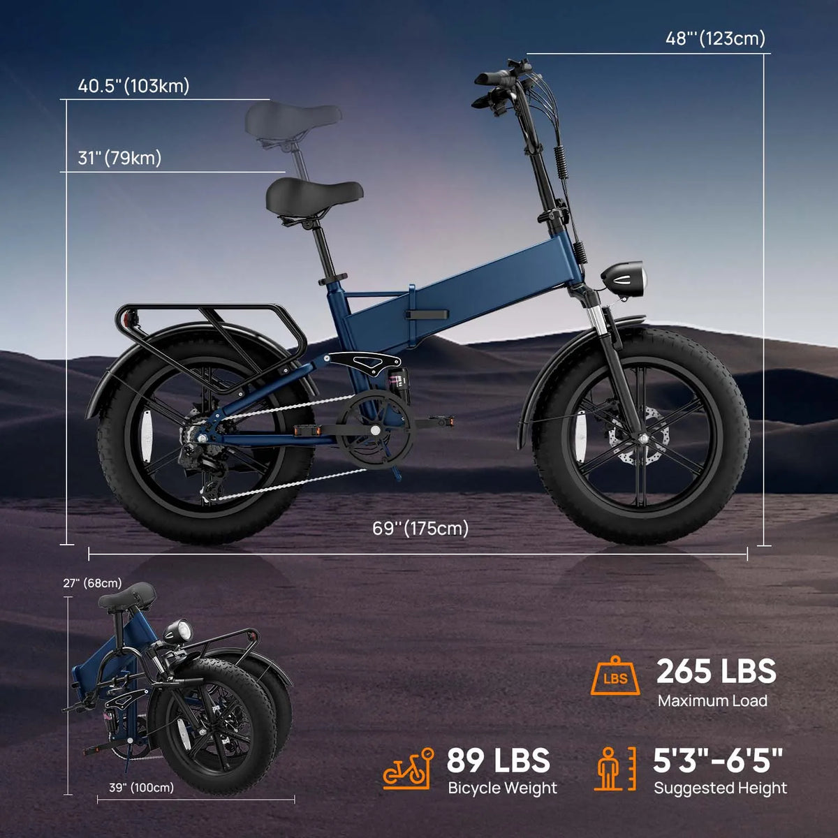 URLIFE T5 Foldable Electric Bike, 20 Inch Fat Tire Adult E‑Bike, 48V Removable Battery, Long Range Up to 80 Miles, Full Suspension All‑Terrain Electric Mountain Bicycle