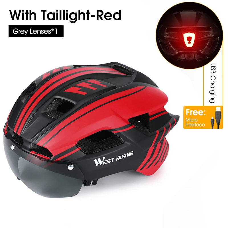 WEST BIKING Bicycle Helmet Men Women With Taillight Goggles Sun Visor Lens Safety Helmet MTB Road Bike Motorcycle Cycling Helmet
