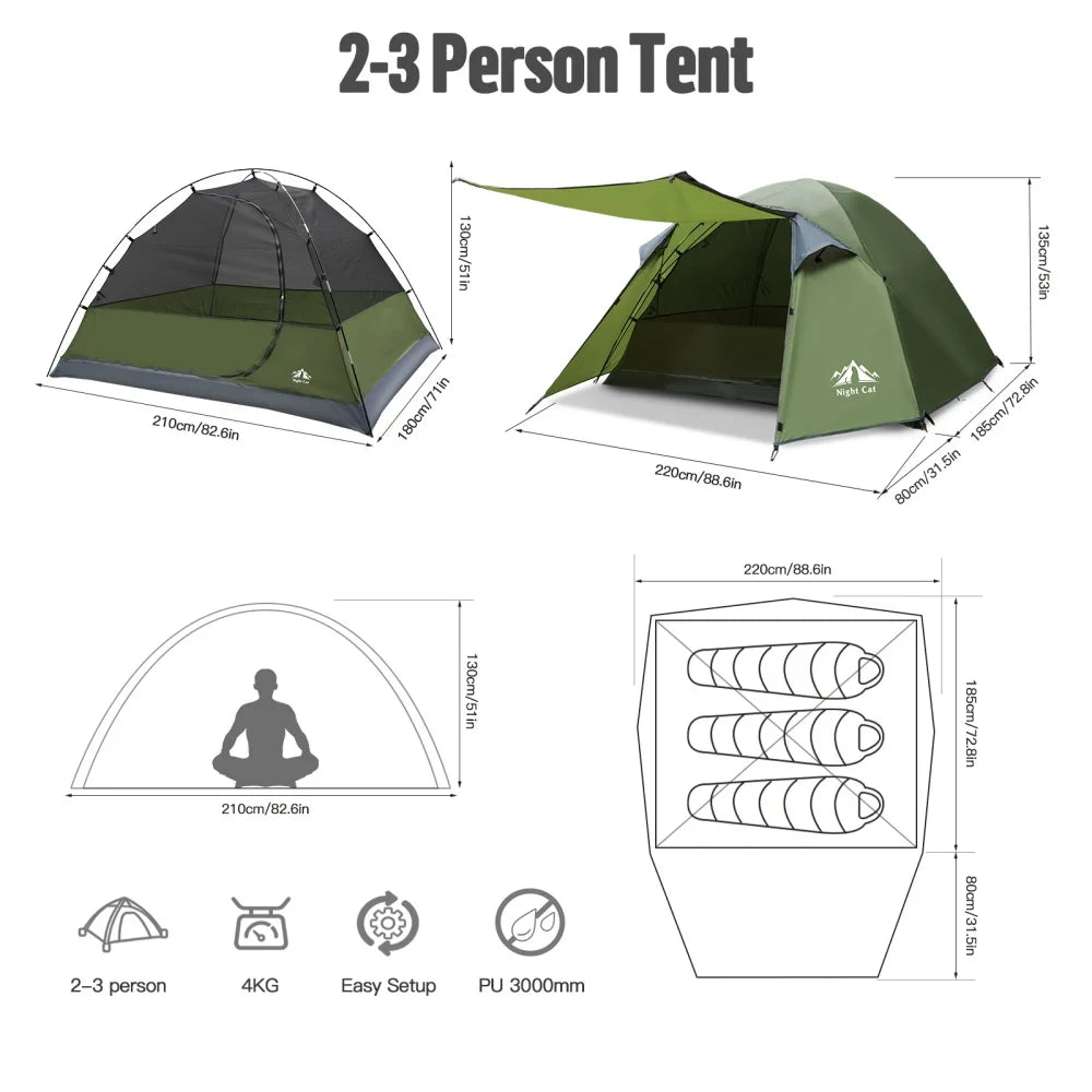 Night Cat Camping Tent 2 3 Persons with Porch Family Backpacking Tent Double Layers Waterproof Easy Clip Setup 7x6x4.3ft Porch Pole Not Inlcuded