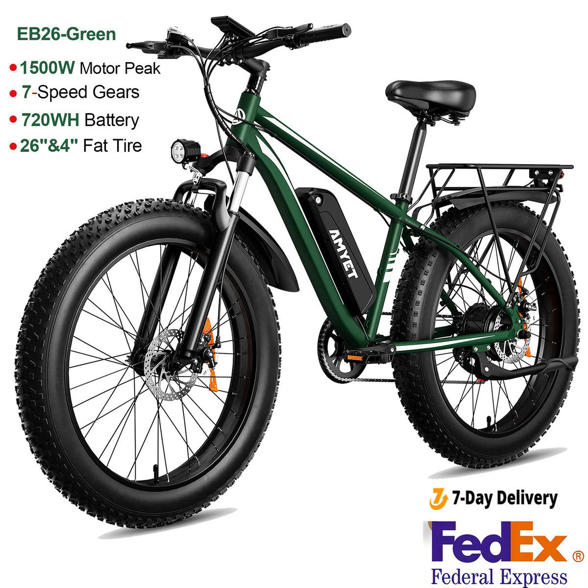 AMYET Electric Bike EB26 Blue Adults Electric Bicycle 28mph Peak 1500W 720WH Ebike 26" Fat Tire Mountain Bike Electric Dirt Bike