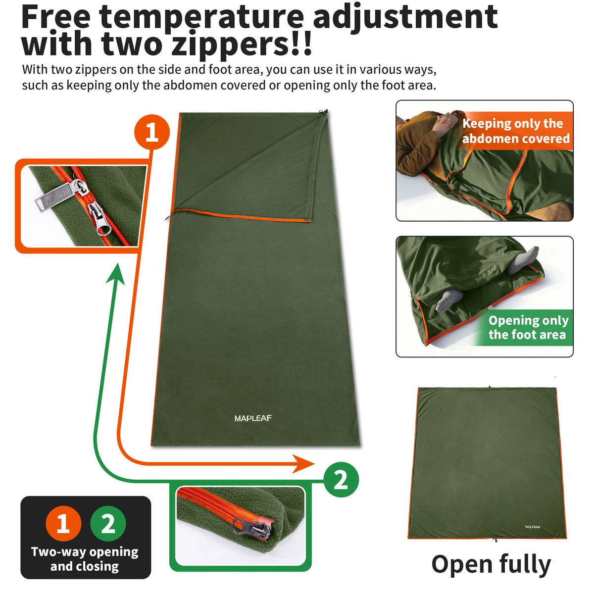 MAPLEAF Fleece Sleeping Bag Liner Warm Winter Camping Travel Sleep Sack Full Zipper Machine Washable Portable Lightweight Adult