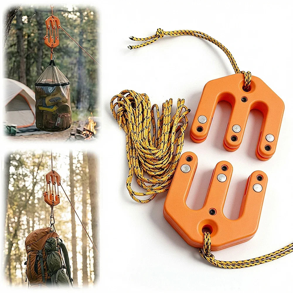 Pulleys Hoist with Strap Weatherproof Portable Block and Tackle Pulleys System for Hunting Pulling Field Dressing Camping Hiking