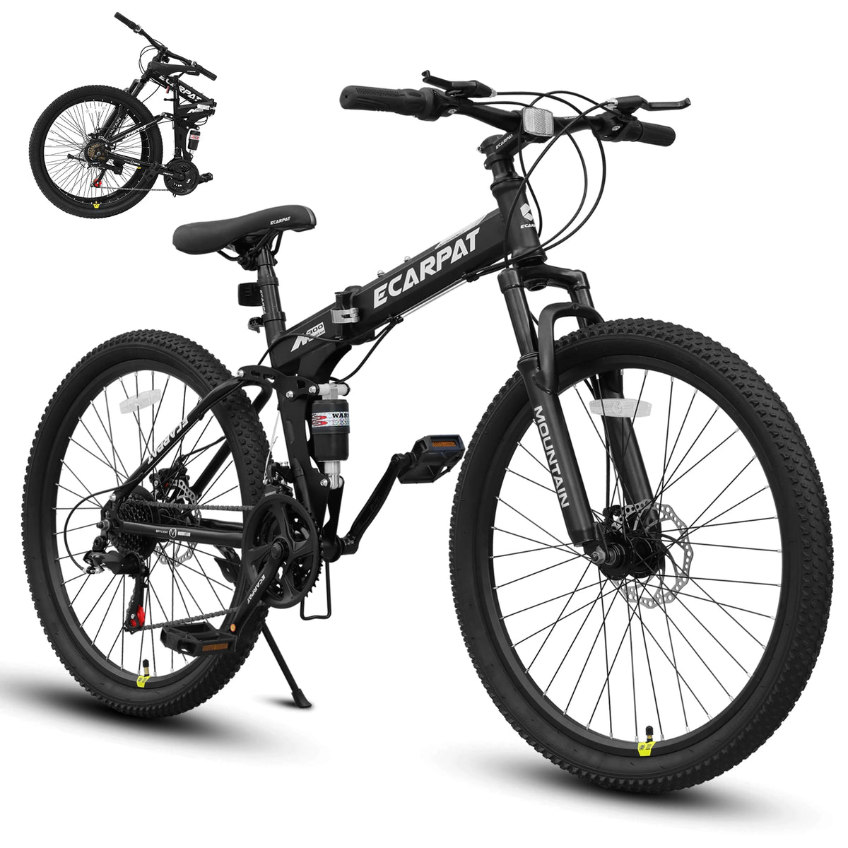 26 Inch Folding Mountain Bike, 21 Speed Full Suspension High-Carbon Steel MTB, Dual Disc Brake Foldable Bicycle, Folding Bikes for Adults Men Women