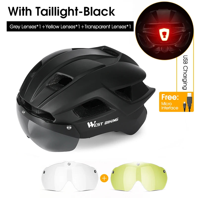WEST BIKING Bicycle Helmet Men Women With Taillight Goggles Sun Visor Lens Safety Helmet MTB Road Bike Motorcycle Cycling Helmet