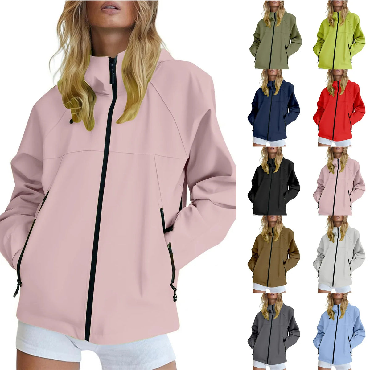 Women's Zipper Jacket Casual Solid Color Long Sleeved Hooded Outdoor Jacket Coat Windproof and Waterproof Mountaineering Jackets