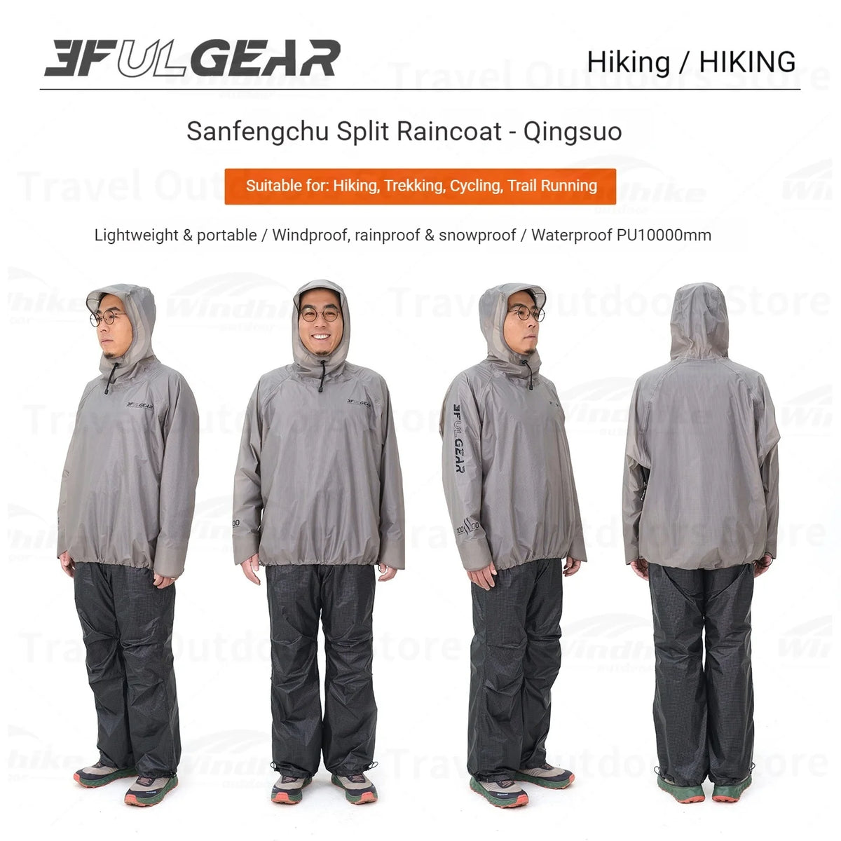 3F UL GEAR Lightweight Split Raincoat with Hooded 15D Nylon 20D Dyneema Waterproof PU10000mm Outdoor Pants Hiking Sleeve Poncho