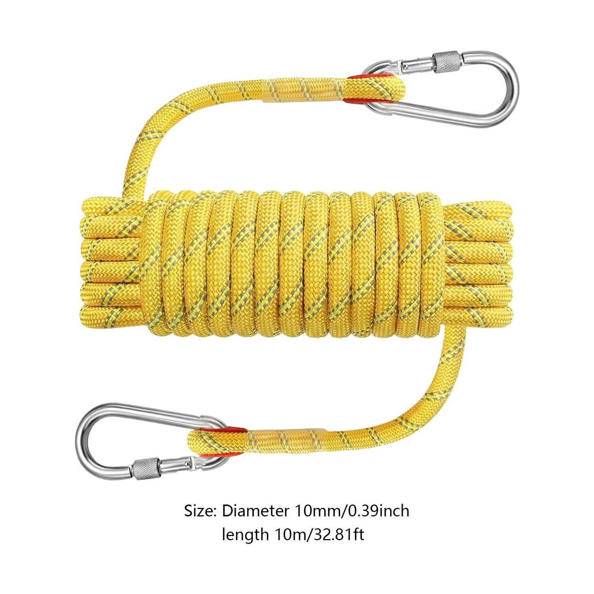 Climbing Rope, Braided Rope, Half Rope, Reflective Yellow 1/2"x32ft Polyester PP Marine Line with Hooks, 2400kg Breaking Strength, Waterproof UV Resistant, for Canyon Exploration Fishing Rafting Camping Rescue Anchor Outdoor