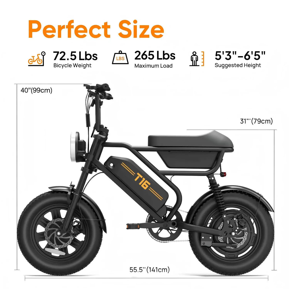 Urlife T16 16"x3" Fat Tire Electric Bike 750W Peak Motor 48V Removable Battery Dual Suspension 7-Speed Gears E-Bike Adult Commuter Off Road