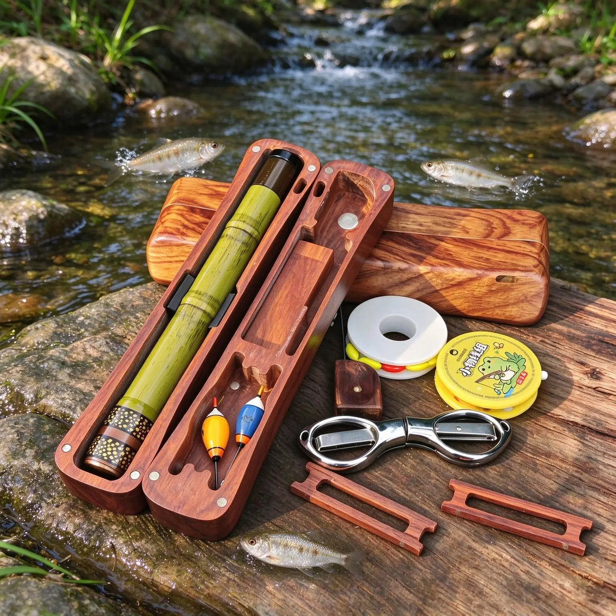 Tenkara Fishing Rod with Wooden Storage Box, Ultralight Portable Short Section Stream Rod for Small Fish, Travel Fishing Kit