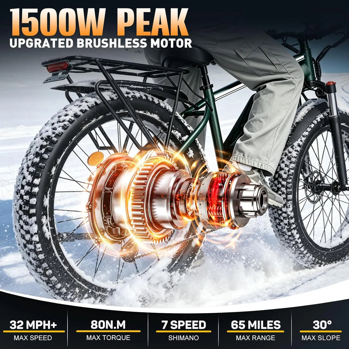 OBX 26'' Fat Tire Electric Bike for Adults 48V 15Ah Battery 1000W Motor (Peak 1500W) 30MPH+ Fast Mountain Ebike for Snow & Beach