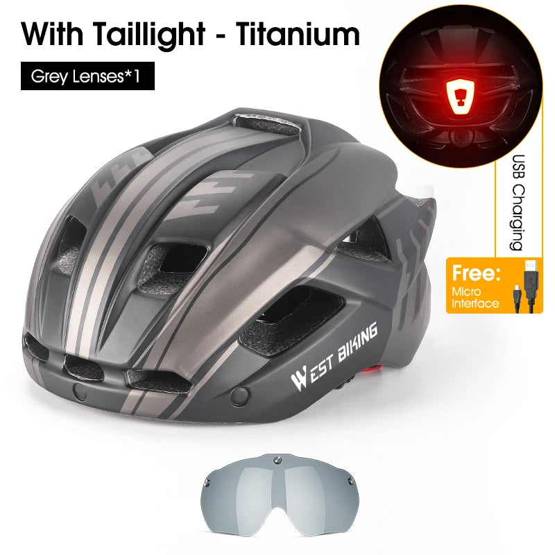 WEST BIKING Bicycle Helmet Men Women With Taillight Goggles Sun Visor Lens Safety Helmet MTB Road Bike Motorcycle Cycling Helmet