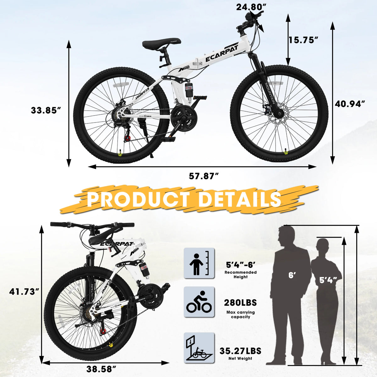 26 Inch Folding Mountain Bike, 21 Speed Full Suspension High-Carbon Steel MTB, Dual Disc Brake Foldable Bicycle, Folding Bikes for Adults Men Women