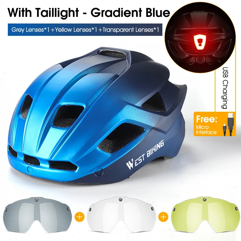 WEST BIKING Bicycle Helmet Men Women With Taillight Goggles Sun Visor Lens Safety Helmet MTB Road Bike Motorcycle Cycling Helmet