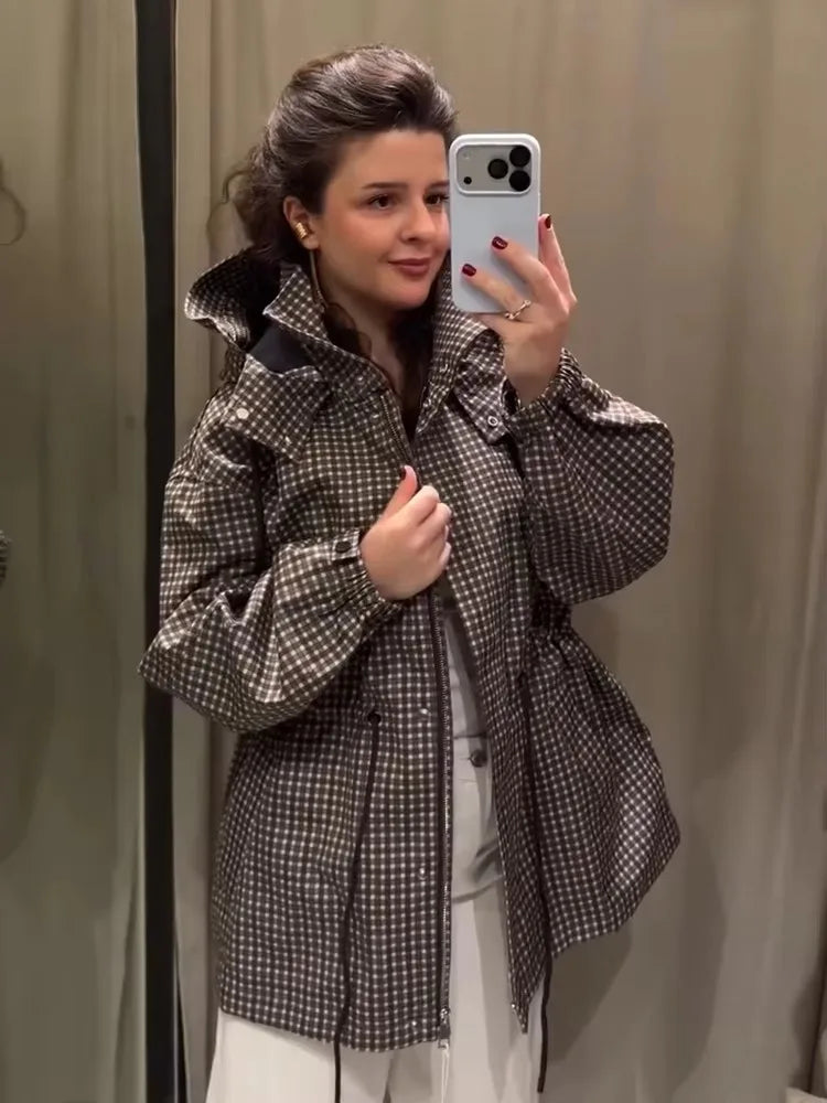 Minimalist Autumn Winter Jacket Women Coat Plaid Hooded Windbreaker Drawstring Waist Loose Mid Casual Outerwear Jacket Female