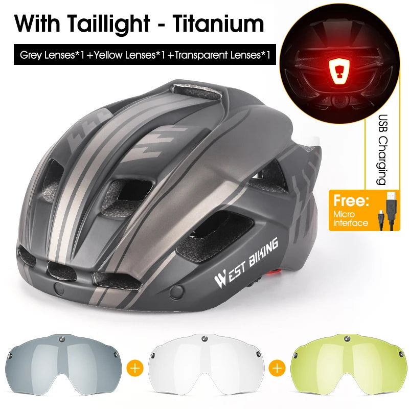 WEST BIKING Bicycle Helmet Men Women With Taillight Goggles Sun Visor Lens Safety Helmet MTB Road Bike Motorcycle Cycling Helmet