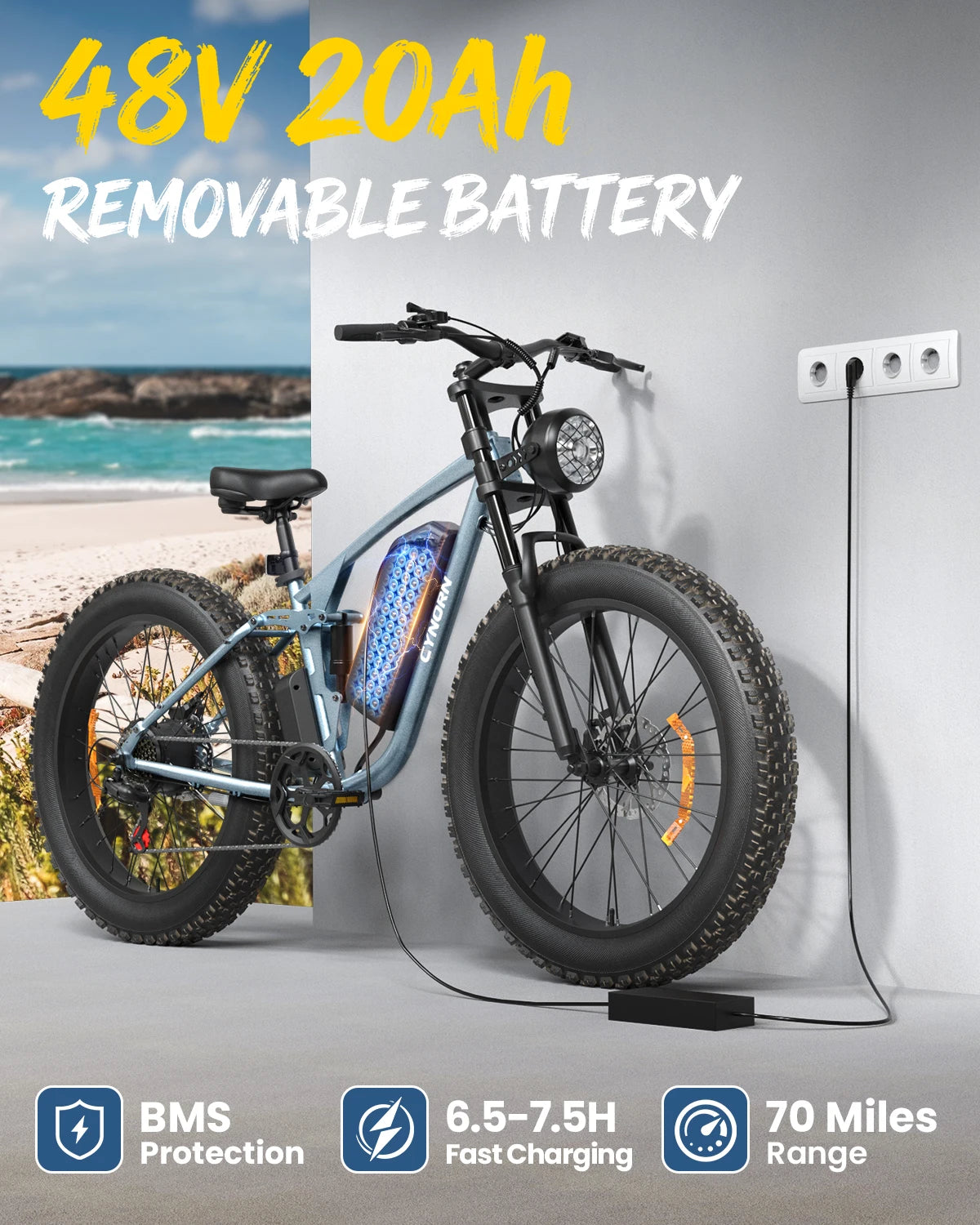 3000W Peak Electric Bike for Adults, 20 MPH Max Speed, 26" Adult Fat Tire E-Mountain Bike, 48V 20Ah Battery, Up to 70 Miles Range, 7-Speed, Full Suspension Off-Road E-Bike, 1-Year Warranty