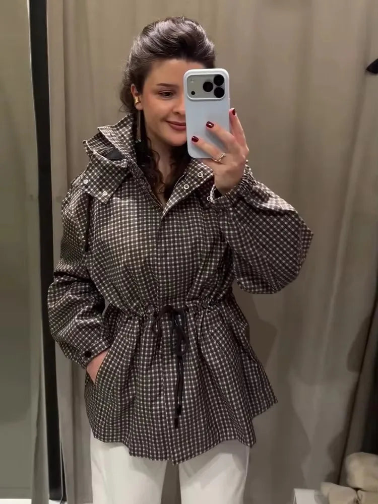 Minimalist Autumn Winter Jacket Women Coat Plaid Hooded Windbreaker Drawstring Waist Loose Mid Casual Outerwear Jacket Female