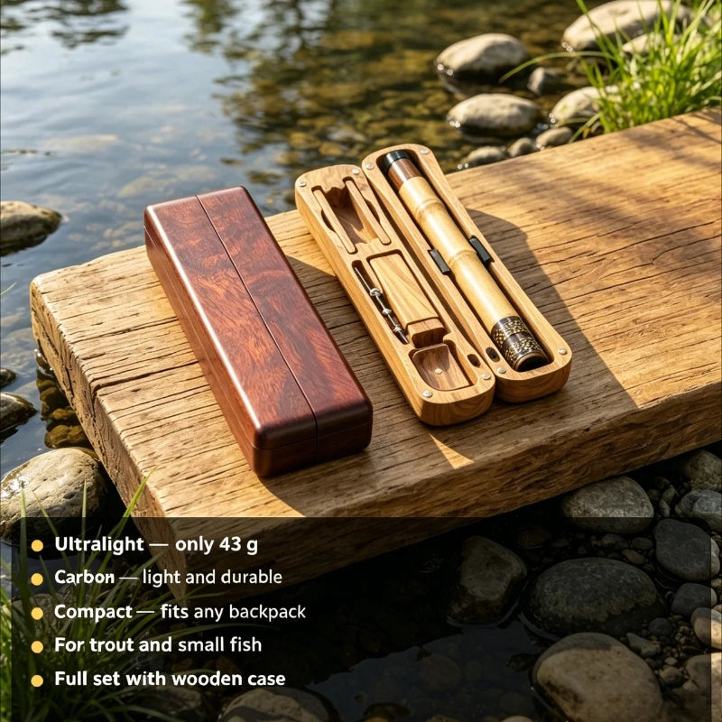 Tenkara Fishing Rod with Wooden Storage Box, Ultralight Portable Short Section Stream Rod for Small Fish, Travel Fishing Kit