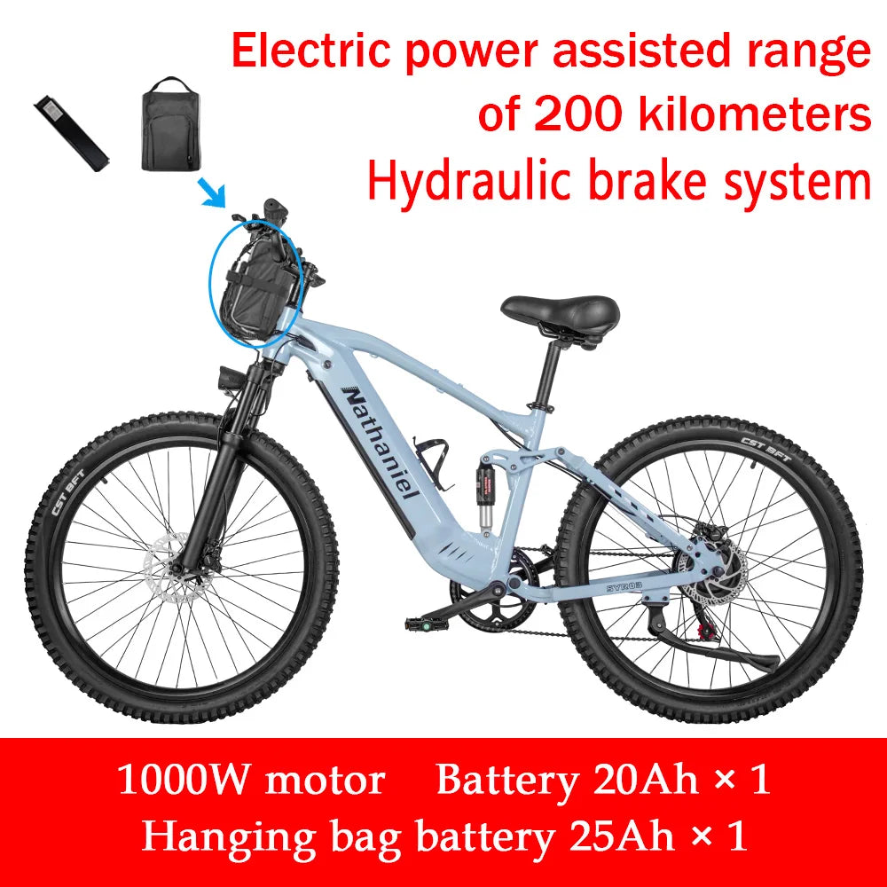 Nathaniel SYR03 Electric Bike 1000W 48V 20AH, 27.5" Long Range for Mountain & Road Riding, Electric Bike Adults, Mountain Bikes