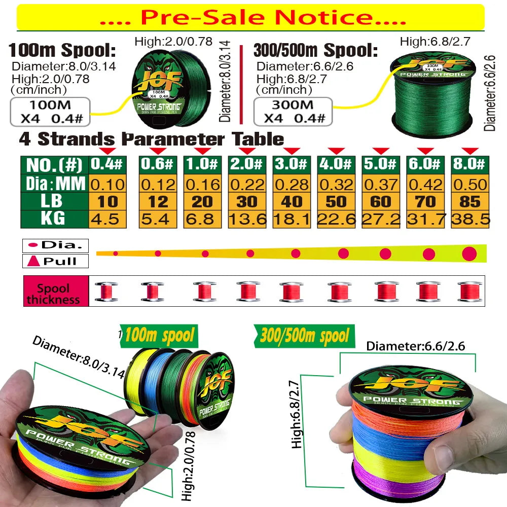JOF 4 Strands Fishing Line 300/100M Braided PE Fishing Strong Fishing Line Multifilament Durable Fishing Line Tool