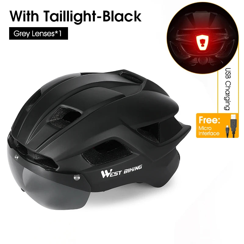 WEST BIKING Bicycle Helmet Men Women With Taillight Goggles Sun Visor Lens Safety Helmet MTB Road Bike Motorcycle Cycling Helmet