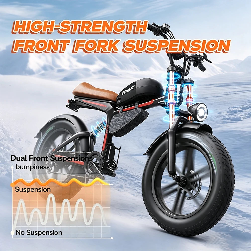 QNUT Retro Fat Tire Electric Bike For Adults 1500W Peak Motor 48V 18Ah Battery Max 28MPH 20 Inch Off Road Mountain Ebike US Warehouse Fast Shipping