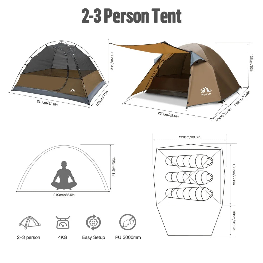Night Cat Camping Tent 2 3 Persons with Porch Family Backpacking Tent Double Layers Waterproof Easy Clip Setup 7x6x4.3ft Porch Pole Not Inlcuded