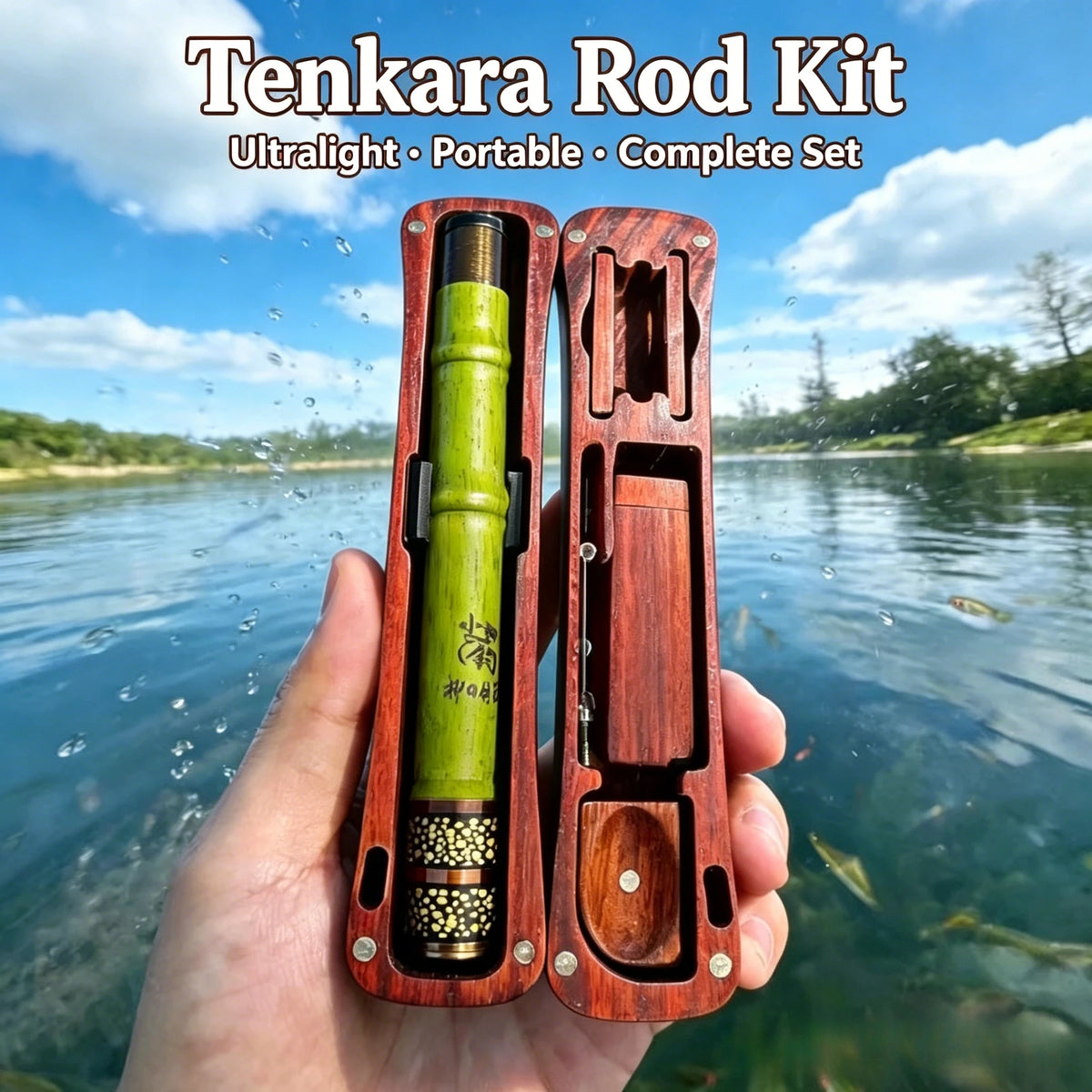 Tenkara Fishing Rod with Wooden Storage Box, Ultralight Portable Short Section Stream Rod for Small Fish, Travel Fishing Kit