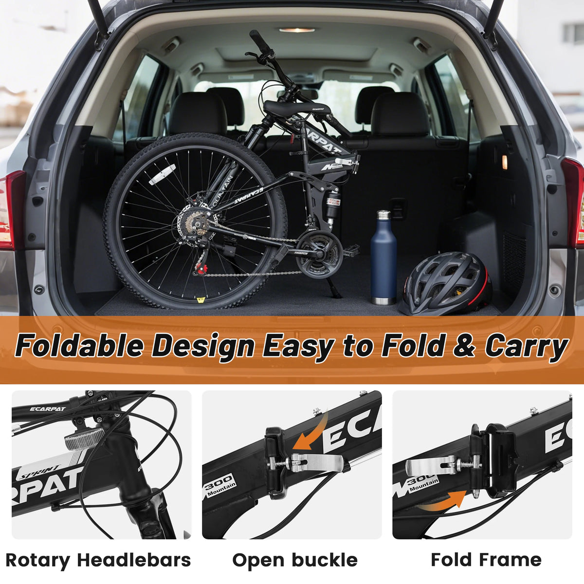 26 Inch Folding Mountain Bike, 21 Speed Full Suspension High-Carbon Steel MTB, Dual Disc Brake Foldable Bicycle, Folding Bikes for Adults Men Women