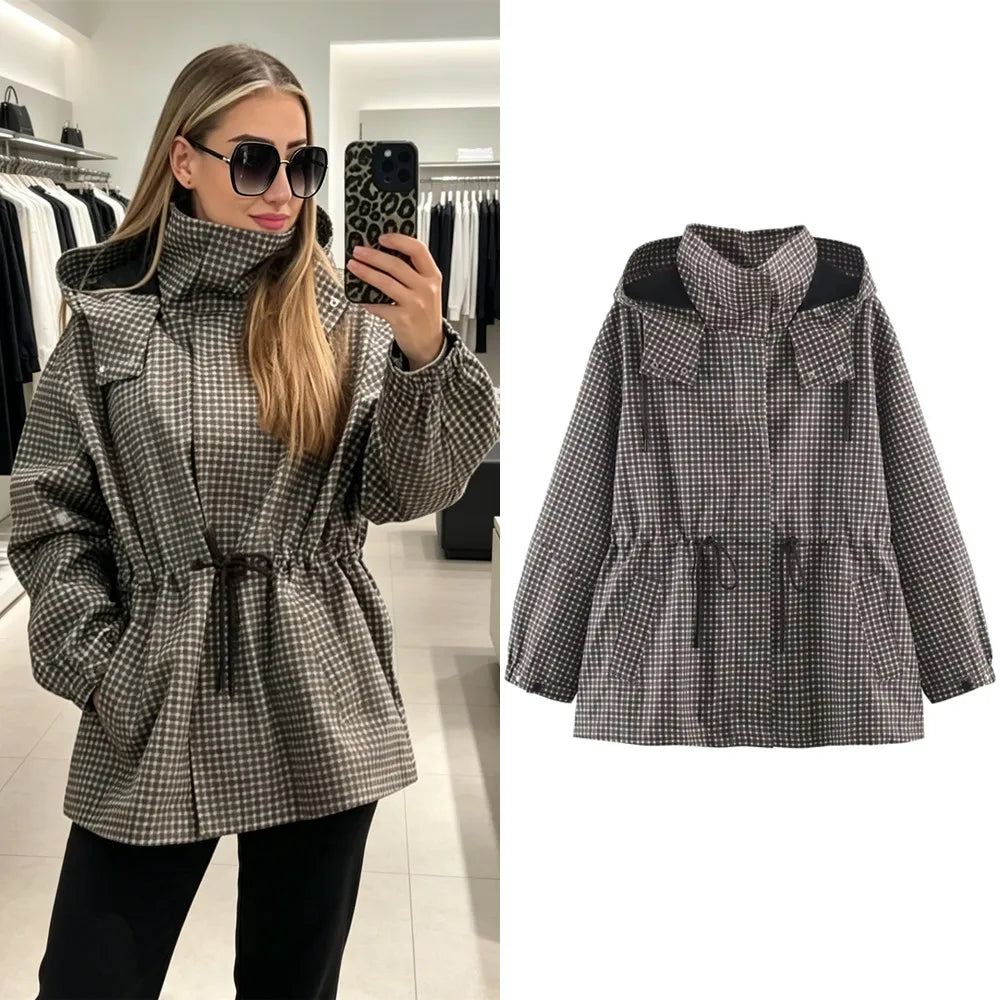 Minimalist Autumn Winter Jacket Women Coat Plaid Hooded Windbreaker Drawstring Waist Loose Mid Casual Outerwear Jacket Female