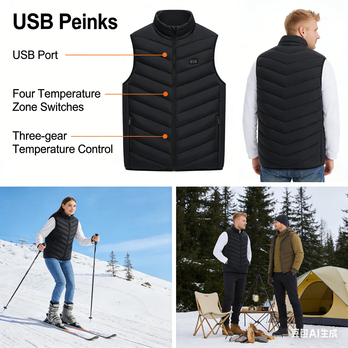 Winter Intelligent Heated Vest Fast Heating 25 Heating Zones 3 Temperature Settings 4-Zone Control USB Port for Men's Outdoor We