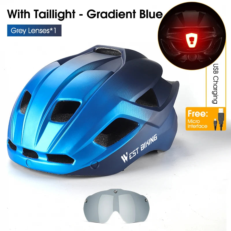 WEST BIKING Bicycle Helmet Men Women With Taillight Goggles Sun Visor Lens Safety Helmet MTB Road Bike Motorcycle Cycling Helmet