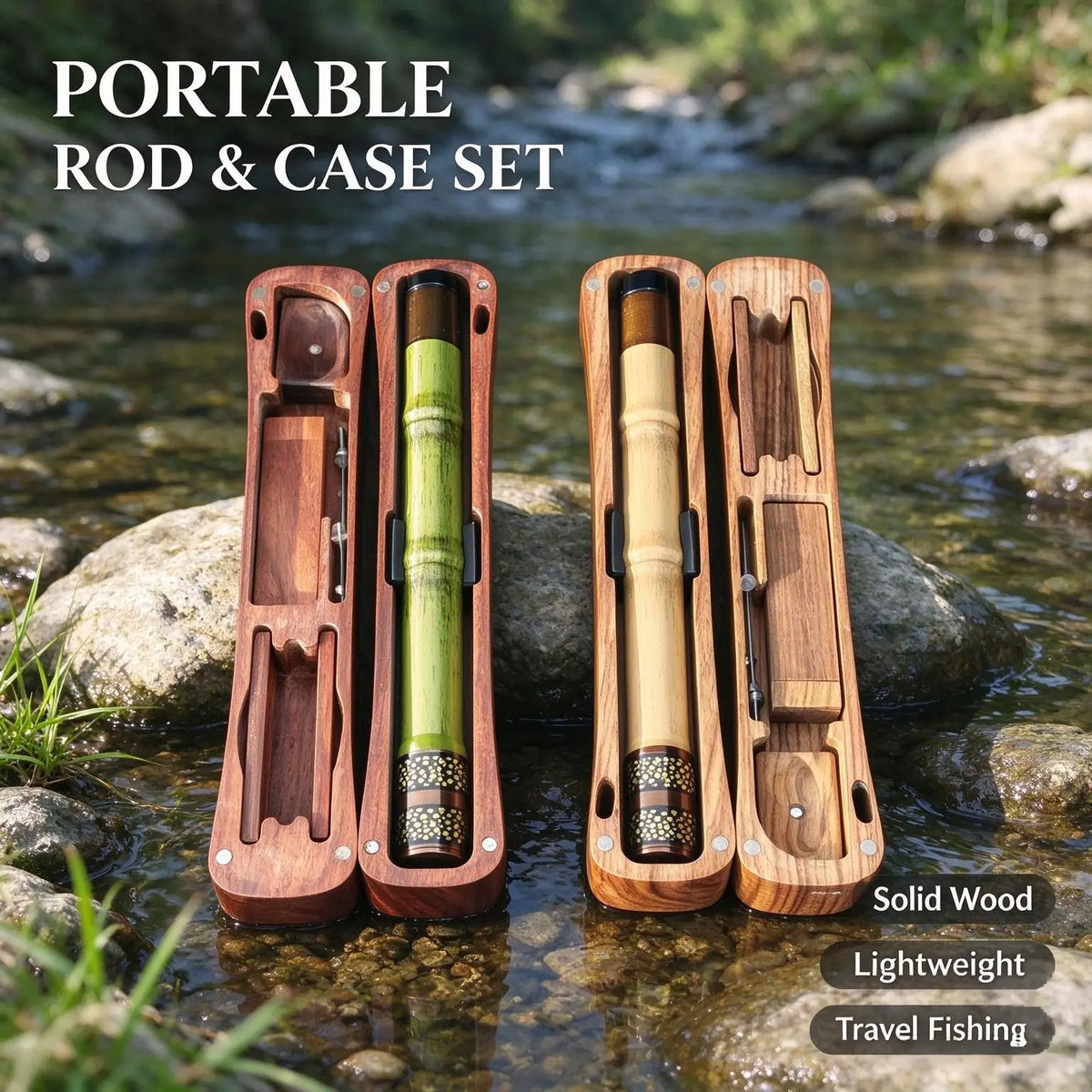Tenkara Fishing Rod with Wooden Storage Box, Ultralight Portable Short Section Stream Rod for Small Fish, Travel Fishing Kit