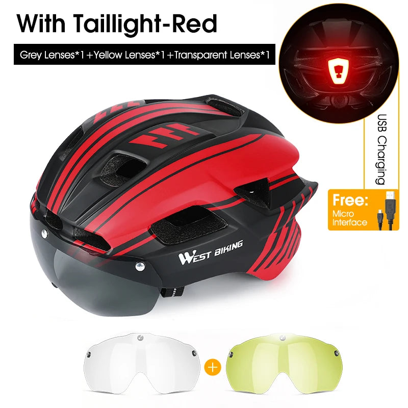 WEST BIKING Bicycle Helmet Men Women With Taillight Goggles Sun Visor Lens Safety Helmet MTB Road Bike Motorcycle Cycling Helmet