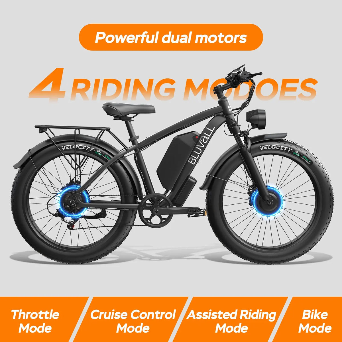 US Stock B1 Electric Bike Adults 5000W Peak  AWD Motor 48V 25Ah Battery 180N.m Torque 37MPH Fat Tire Ebike 26x4.0 All-Terrain Bicycle