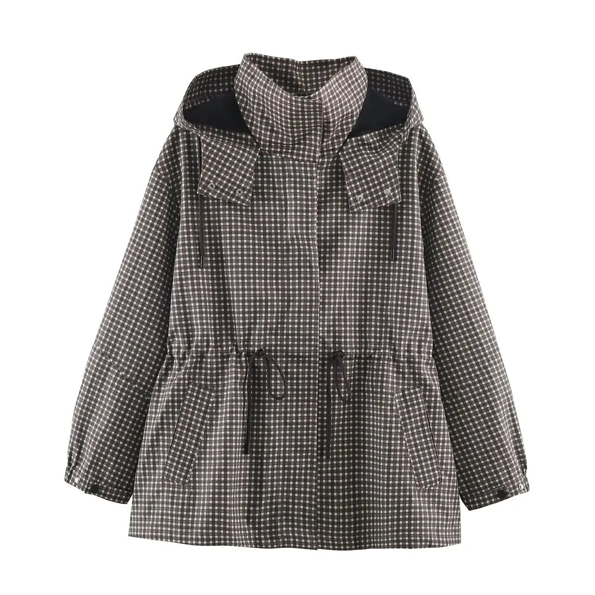 Minimalist Autumn Winter Jacket Women Coat Plaid Hooded Windbreaker Drawstring Waist Loose Mid Casual Outerwear Jacket Female