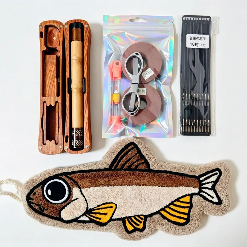 Tenkara Fishing Rod with Wooden Storage Box, Ultralight Portable Short Section Stream Rod for Small Fish, Travel Fishing Kit