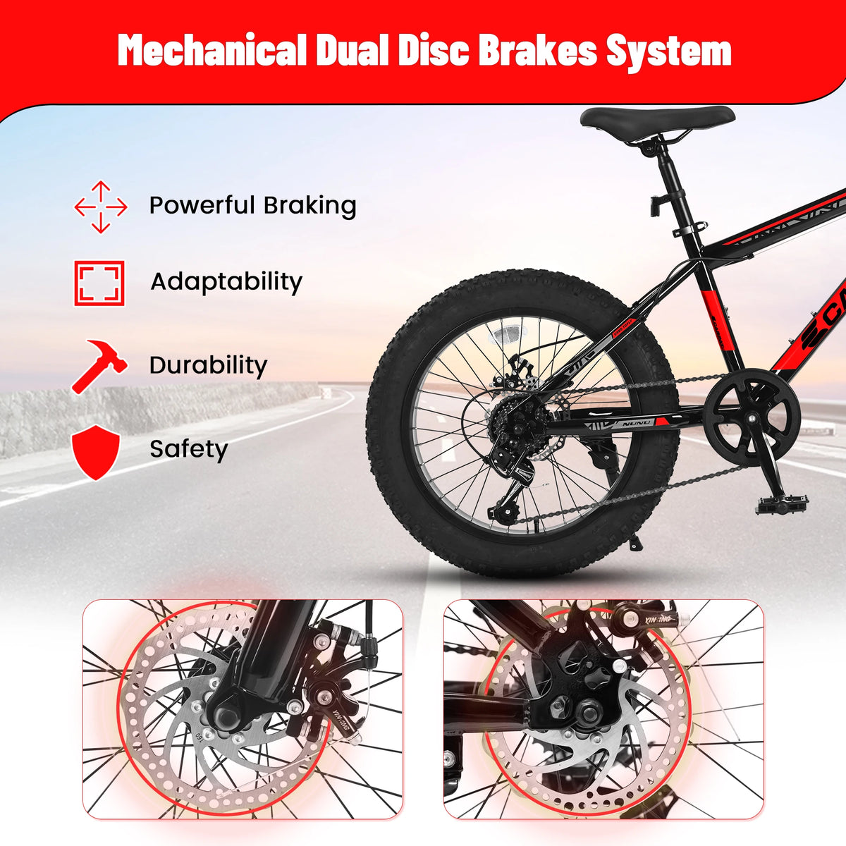 20 Inch Fat Tire Kids Mountain Bike, 4.0" Wide Non-Slip Fat Tires, 7-Speed Disc Brake, Boys Girls Outdoor Kids' Bicycles Gift