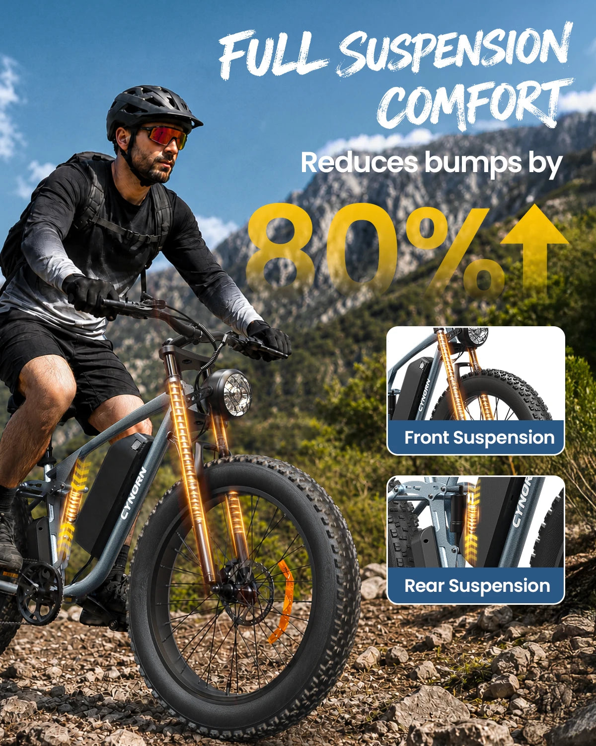 3000W Peak Electric Bike for Adults, 20 MPH Max Speed, 26" Adult Fat Tire E-Mountain Bike, 48V 20Ah Battery, Up to 70 Miles Range, 7-Speed, Full Suspension Off-Road E-Bike, 1-Year Warranty