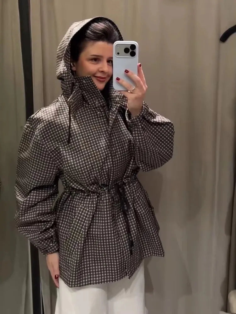 Minimalist Autumn Winter Jacket Women Coat Plaid Hooded Windbreaker Drawstring Waist Loose Mid Casual Outerwear Jacket Female