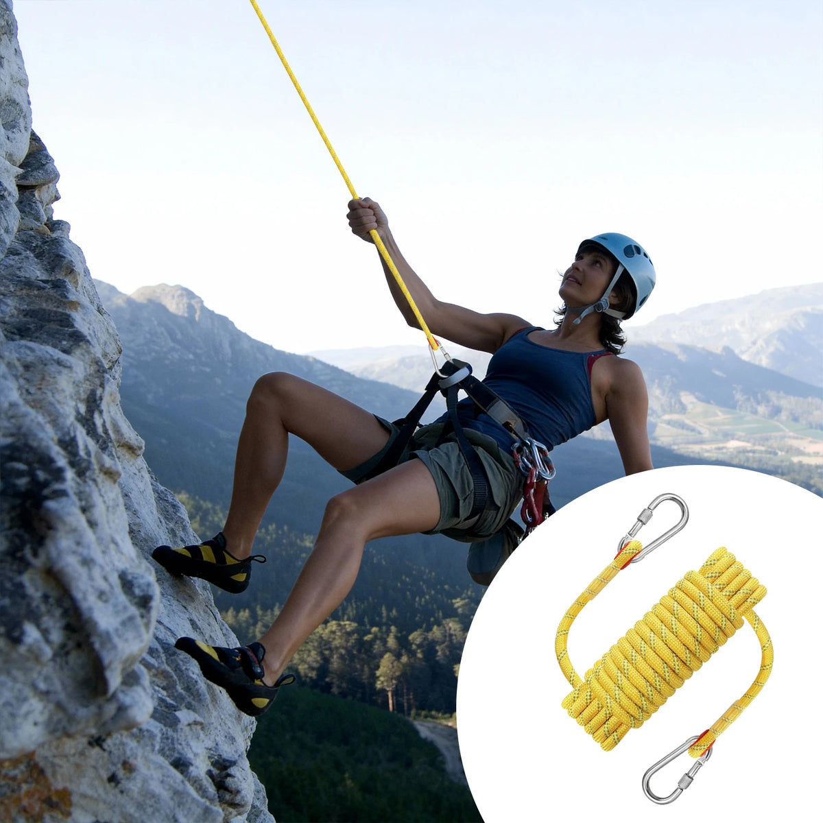 Climbing Rope, Braided Rope, Half Rope, Reflective Yellow 1/2"x32ft Polyester PP Marine Line with Hooks, 2400kg Breaking Strength, Waterproof UV Resistant, for Canyon Exploration Fishing Rafting Camping Rescue Anchor Outdoor