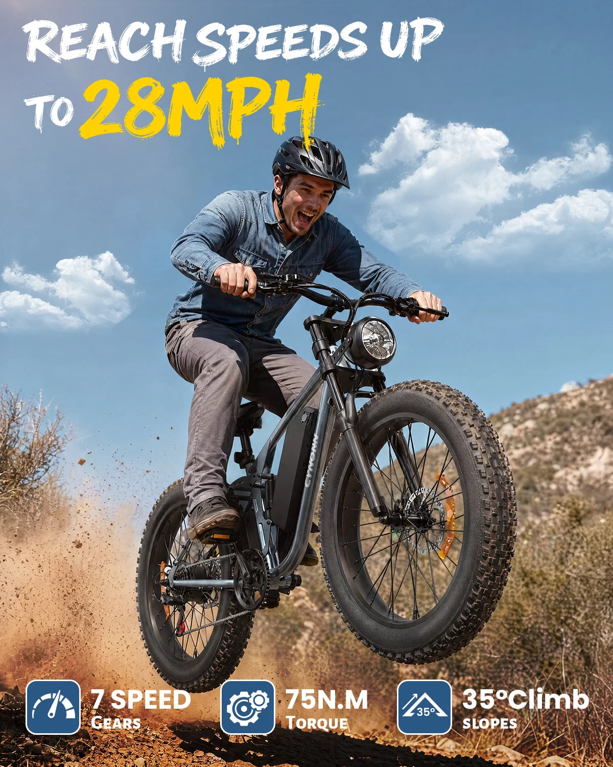 3000W Peak Electric Bike for Adults, 20 MPH Max Speed, 26" Adult Fat Tire E-Mountain Bike, 48V 20Ah Battery, Up to 70 Miles Range, 7-Speed, Full Suspension Off-Road E-Bike, 1-Year Warranty