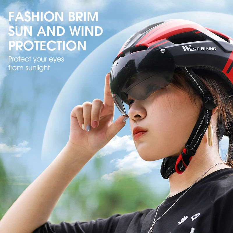 WEST BIKING Bicycle Helmet Men Women With Taillight Goggles Sun Visor Lens Safety Helmet MTB Road Bike Motorcycle Cycling Helmet