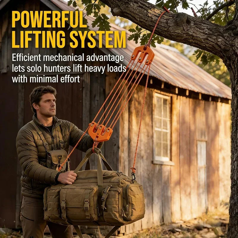 Pulleys Hoist with Strap Weatherproof Portable Block and Tackle Pulleys System for Hunting Pulling Field Dressing Camping Hiking