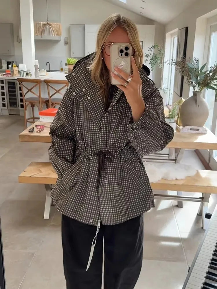 Minimalist Autumn Winter Jacket Women Coat Plaid Hooded Windbreaker Drawstring Waist Loose Mid Casual Outerwear Jacket Female