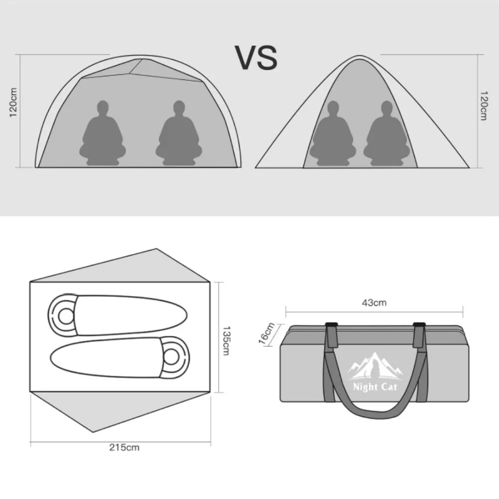 Night Cat 2 Person Backpacking Tent 190T Ultralight Travel Tent Waterproof Hiking Survival Outdoor Camping Tent Double Layers